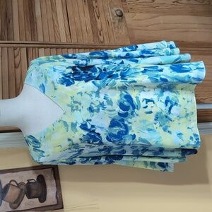 Alfani Blue and Yellow Abstract Blouse Huge Bell Sleeves 14